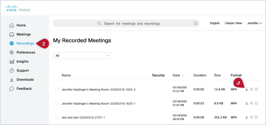 Screenshot showing the location of the Recordings link in the Webex menu and the download icon in the Recorded Meetings list