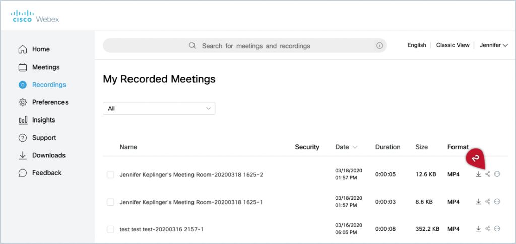 Screenshot showing the location for the Share icon in a list of Webex recordings