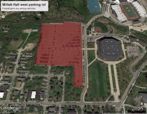 Map of home football game parking restriction on game day.