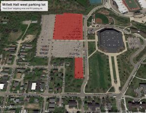 Map of "Red Zone" tailgating area and RV lot.