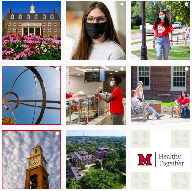 Nine varying images on Student Life's Instagram, including several students wearing face coverings, some campus beauty images, and a Healthy Together logo.