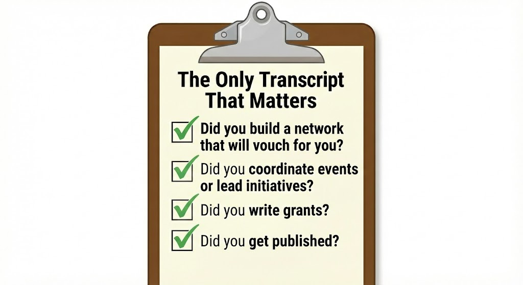 An illustrative close-up of a brown clipboard. Text at the top reads "The Only Transcript That Matters". Below is a checklist of four questions, each with a green checkmark in a square box. The questions are: "Did you build a network that will vouch for you?", "Did you coordinate events or lead initiatives?", "Did you write grants?", and "Did you get published?". There is a red stripe along the bottom.