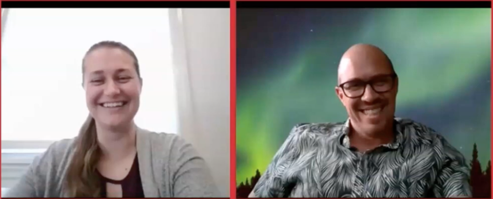 A split-screen video call capture on a red background. On the left, Aimee Kemp, a smiling woman with her hair pulled back sits in front of a bright window. On the right, Kevin Matteson, wearing glasses and a tropical-print shirt, smiles in front of a digital background showing the green Northern Lights over a silhouette of trees.