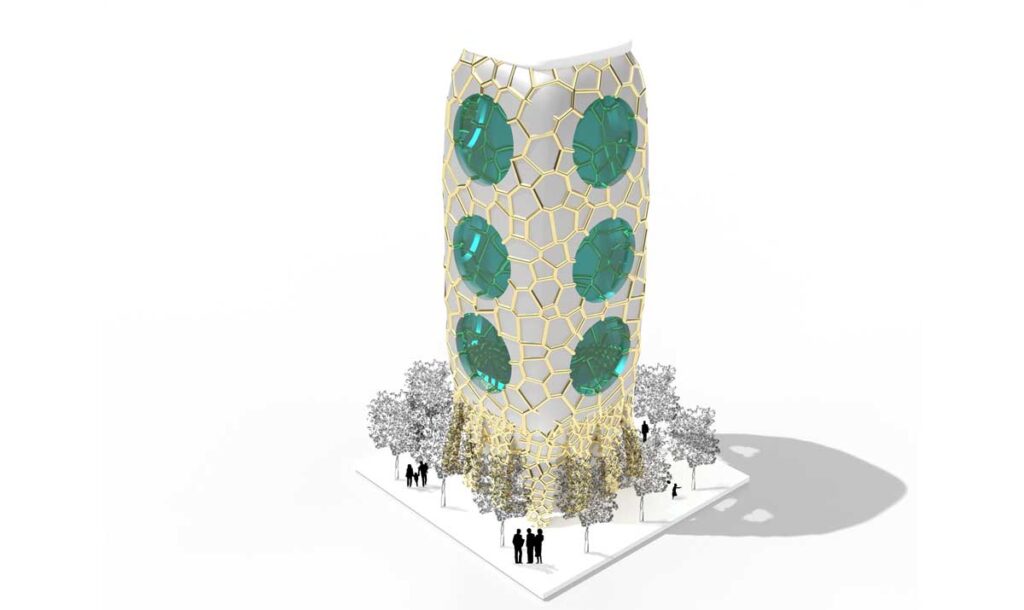 A digitally rendered building with a curved, white facade and hexagonal gold mesh pattern. Large, teal window structures pop out in a staggered vertical arrangement. Trees and tiny silhouettes of people surround the tower’s base, emphasizing scale.