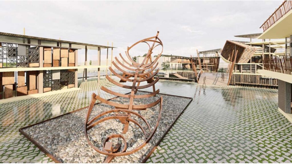 A 3D architectural rendering features a large skeletal metal sculpture in a shallow stone-lined pool surrounded by modern wooden and metal buildings. Elevated walkways and reflective surfaces contribute to the contemporary, creative space.
