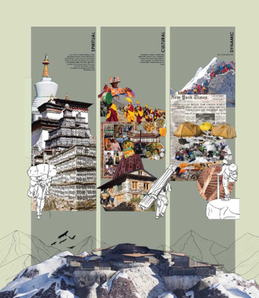 A vertically split composition combines photographs and illustrations, showcasing Himalayan culture. The left panel highlights spiritual architecture, the middle shows colorful festivals and food, and the right features climbers and mountaineering camps, anchored by a mountain-top structure.