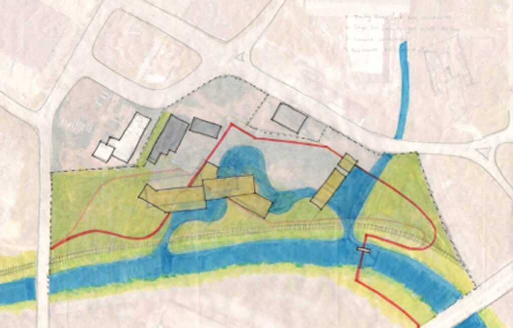 A hand-drawn site plan in soft watercolors shows a river bisecting the layout with bridges, buildings, and curved walkways. The red boundary line outlines the design zone, integrating natural elements with human-built forms.