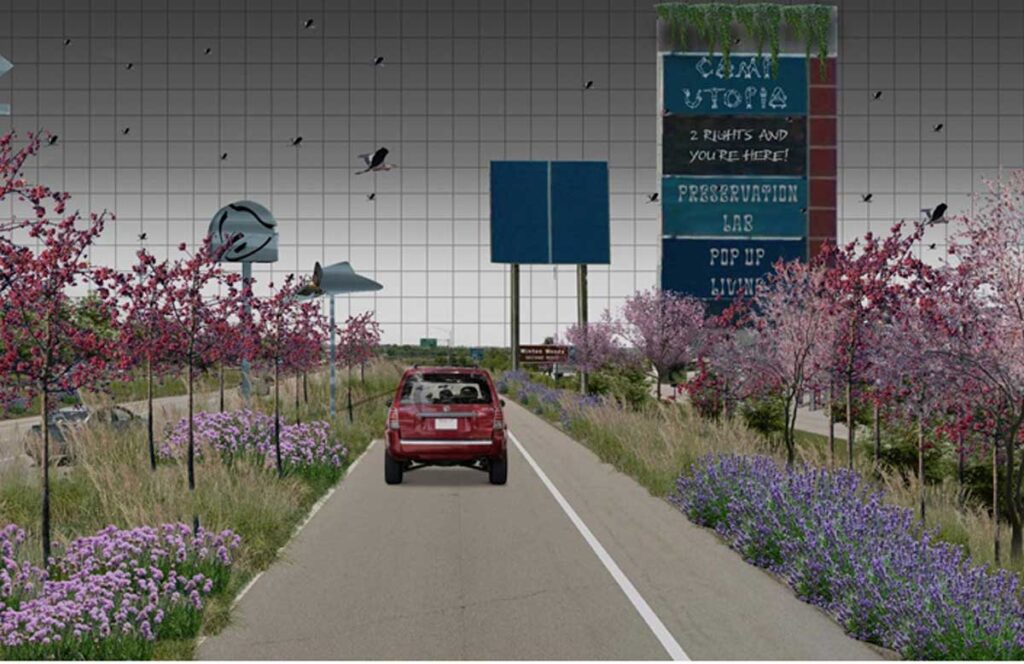 A surreal rendering of a highway median filled with wildflowers, cherry blossom trees, and quirky sculptural signs. A car drives toward a large vertical billboard reading “Camp Utopia” with messages like “Preservation Lab” and “Pop-Up Living.”