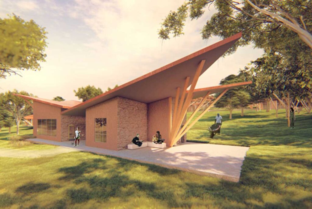 A warm-toned rendering of a modern, sustainable home in a grassy, wooded area. The house has angled roofs with wooden beam accents and stone walls. People are seen sitting on a shaded porch and gardening in the surrounding community.