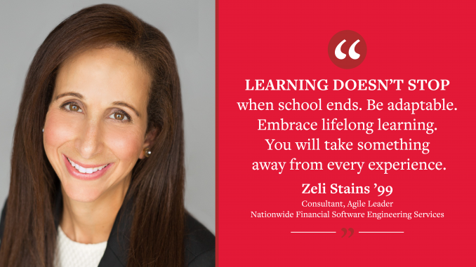 A graphic reading "Learning doesn’t stop when school ends. Be adaptable. Embrace lifelong learning. You will take something away from every experience.' - Zeli Stains '99, Consultant, Agile Leader for Nationwide Financial Software Engineering Services." Pictures Zeli.