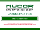 A graphic reading "Nucor Raw Materials Career Fair Tips. Part 1: Resumes. Presenting sponsor of Miami University's 2023 Spring Career and Internship Fair on February 15."