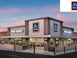 A picture of an ALDI store with colorful clouds in the background. ALDI's logo is in the upper right corner.