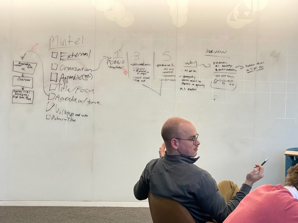 Student speaking in front of a whiteboard