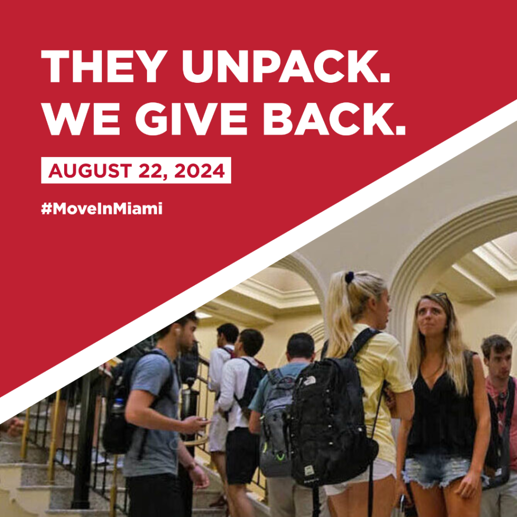 Graphic showing a photo of students at the FSB lobby with the title "They Unpack. We Give Back."