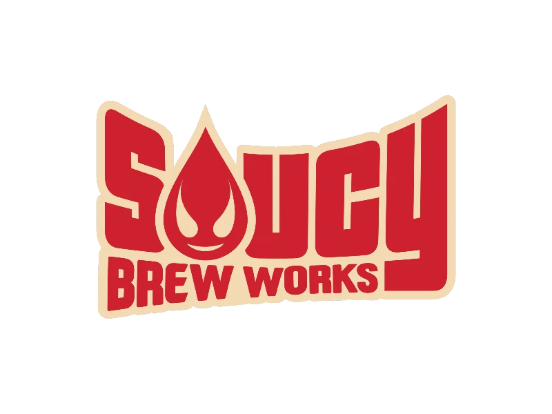 Red logo of Saucy Brew Works featuring a flame in place of the letter O