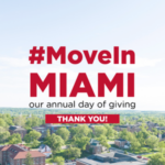 An areal view of campus with the text, "#MoveInMiami Annual Day of Giving. Thank You