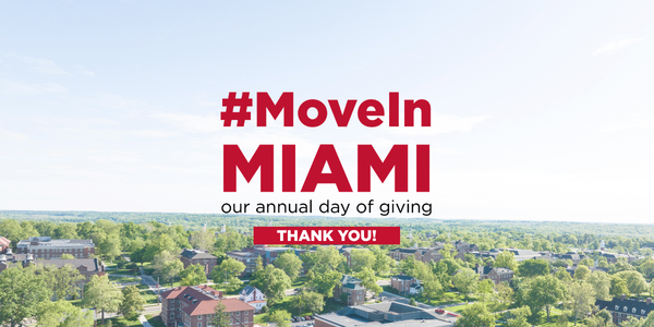 An areal view of campus with the text, "#MoveInMiami Annual Day of Giving. Thank You