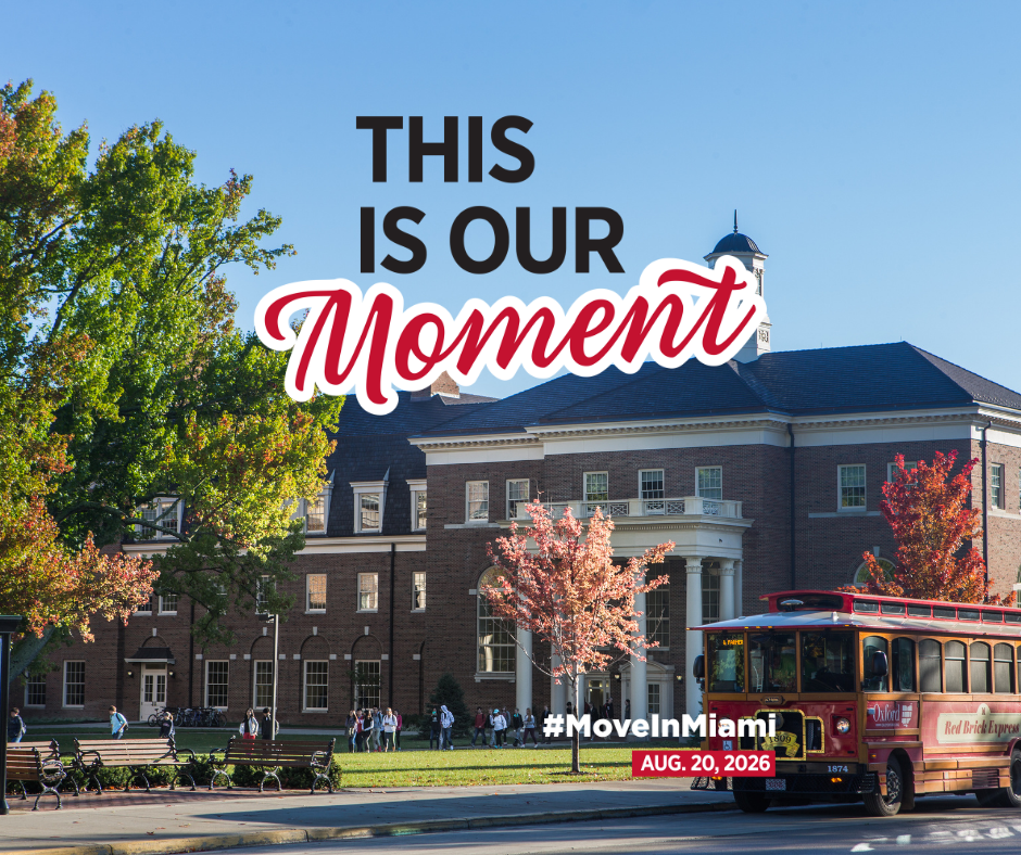 This is Our Moment logo overlaid on Farmer School of Business building