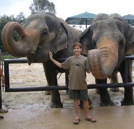A twelve-year-old boy smiles while standing in front of an outdoor enclosure featuring two elephants in the background.