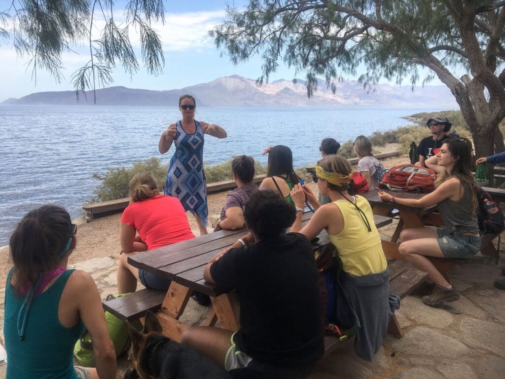 A photo of Meghann McDonald standing on a shaded porch, actively teaching a group of adult students seated around wooden tables. The background shows the sea and the dry, sunny landscape of Baja California.
