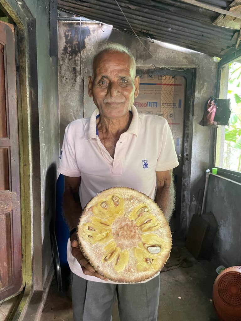 An elderly man in the Western Ghats region smiles warmly at the camera while holding a large, freshly cut piece of yellow jackfruit.