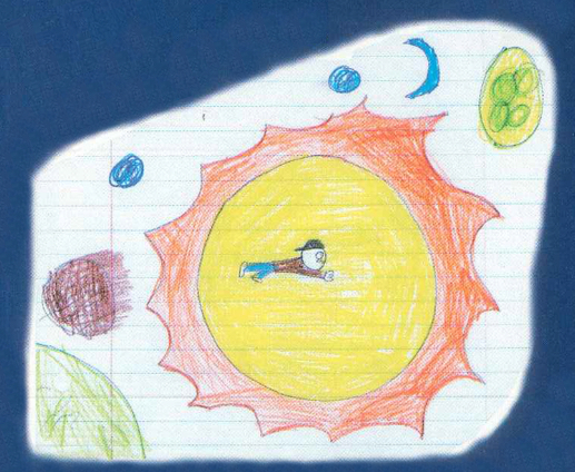 A student's drawing of himself flying through space across the sun.