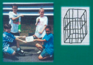 A student's pencil drawing of a 3D cube structure made of interconnected lines representing pipe cleaners.