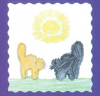 A stylized drawing of two cats, one yellow and one black, facing each other on a green field with a large yellow sun in the background.