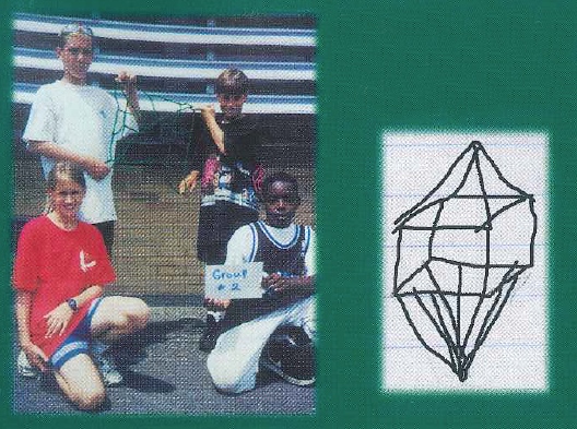 Four fifth-grade students in 90s attire kneeling outdoors holding a handmade sign for Group 2.
