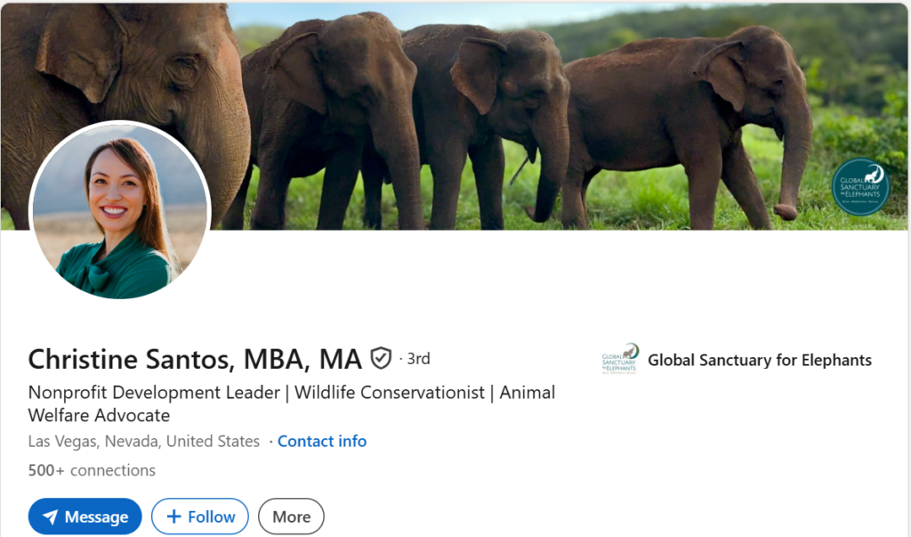 A screenshot of Christine Santos' LinkedIn profile. Her banner features a herd of elephants in a lush green sanctuary. Her name is listed as "Christine Santos, MBA, MA," and her professional headline reads: "Nonprofit Development Leader | Wildlife Conservationist | Animal Welfare Advocate." Her current workplace is listed as the Global Sanctuary for Elephants.