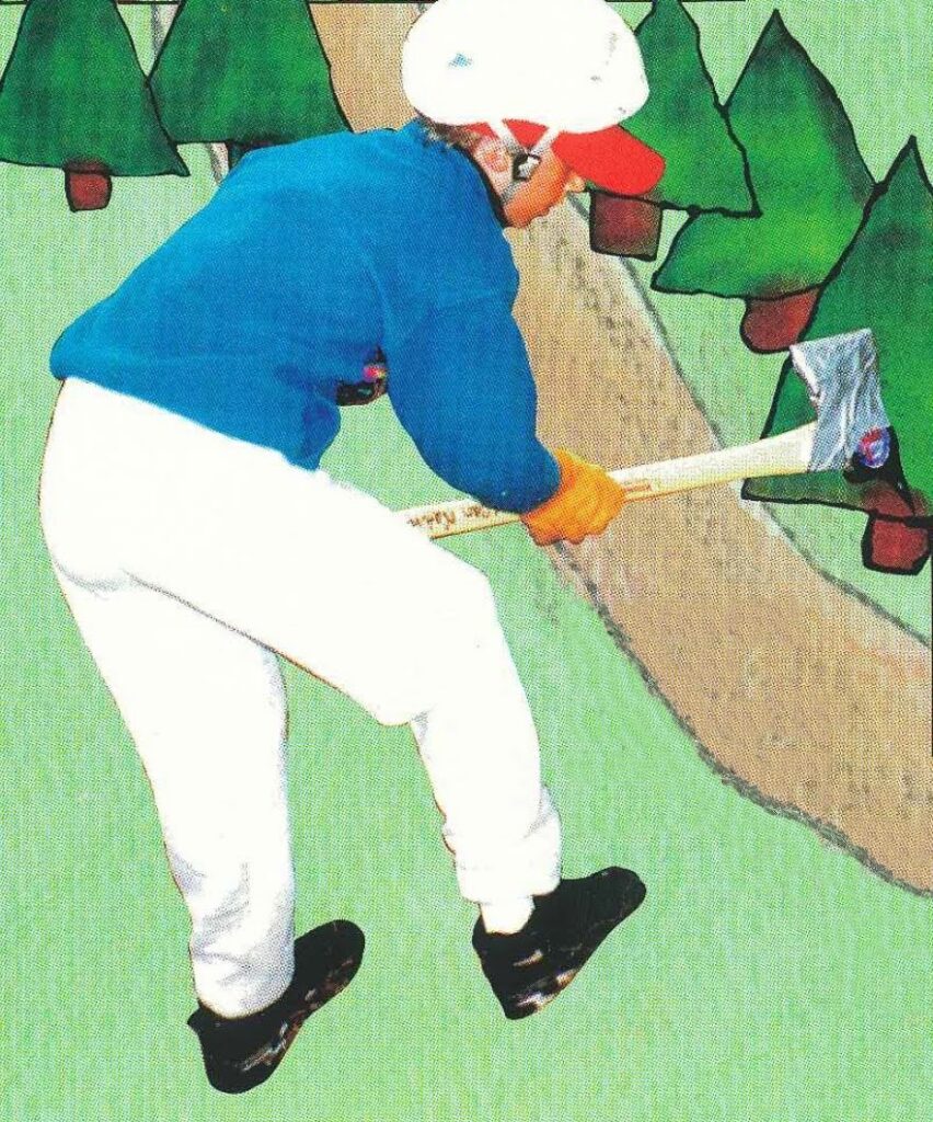 A cutout photo of a student in a safety helmet swinging a trail-building tool is layered over a stylized, illustrated background featuring bright green, triangular painted trees and a winding tan path.