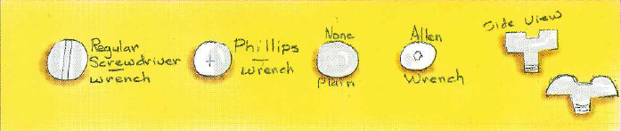 Hand-drawn diagrams by students showing top and side views of flathead, Phillips, hexagonal wrench, and Allen wrench bolt heads.