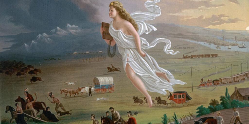19th-century painting depicting a gigantic white woman in a white robe floating westward across the Great Plains, carrying a schoolbook and stringing telegraph wires behind her. White settlers accompany her, while a herd of buffalo and a Native American family flee before her into darkness.