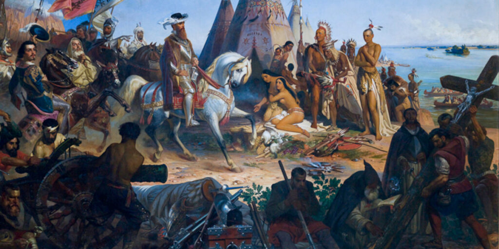 A painting in a classical style, depicting Spanish conquistadors riding into a camp of disconcerted Native Americans on the banks of the Mississippi River. At lower right, the Spanish are erecting a large crucifix.