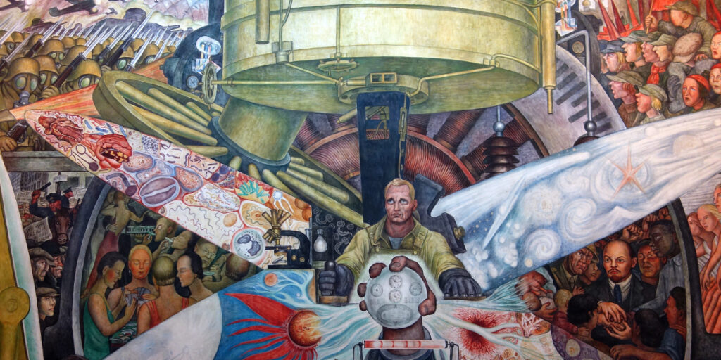 1930s-era mural with a white male technician at the center, operating huge machinery like a secular god. Around him are scenes of soldiers in gas masks, police beating striking workers, a nightclub, Communist marchers, and Lenin at the center of a multiracial group.