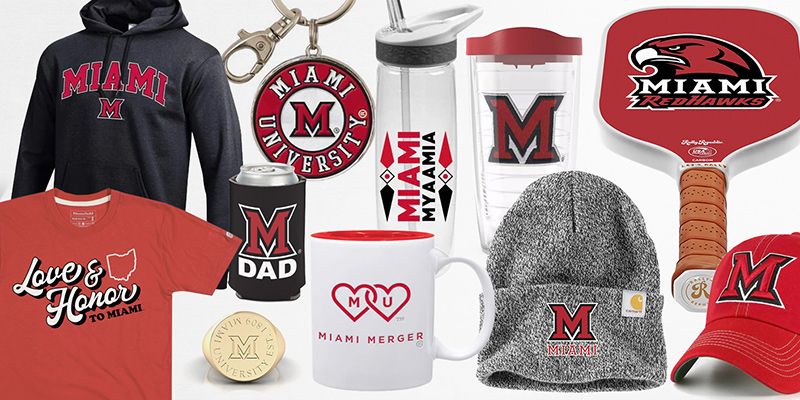 A collection of trademarked merchandise including Miami branded hats, mugs and cups, clothing, a pickleball paddle, ring, and keychain
