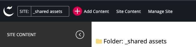 Screenshot of the top left corner of the Cascade CMS interface where the Sites dropdown menu can be found.