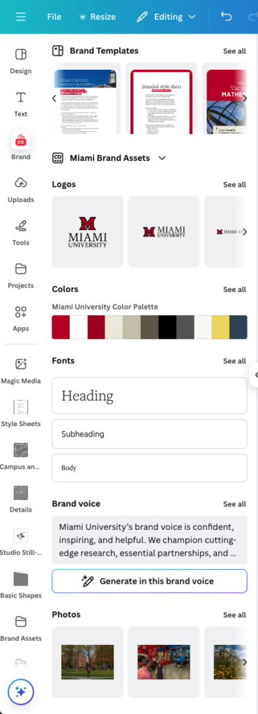 screenshot of the Canva project edit screen showing the left navigation tabs with the "Brand" tab open. The tab shows a row with brand templates, logos, color swatches, fonts, brand voice, and photos for the user to select from.