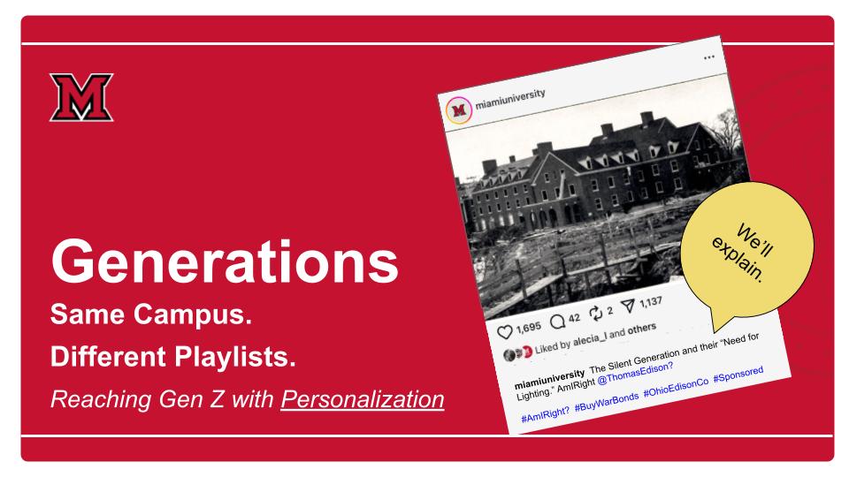 generations. same campus, different playlists. with an image of an instagram post that says miamiuniversity The Silent Generation and their “Need for Lighting.” AmIRight @ThomasEdison? #AmIRight? #BuyWarBonds #OhioEdisonCo #Sponsored
