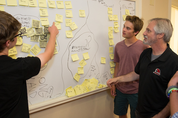 students and professor doing a brainstorming exercise