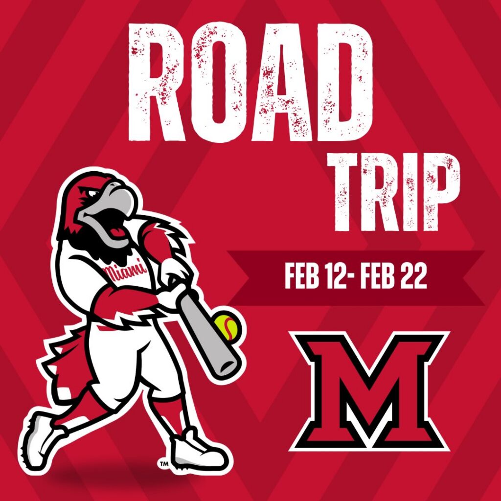 An Instagram post from miamioh_softball using the softball Swoop illustration to promote a February 2026 road trip.