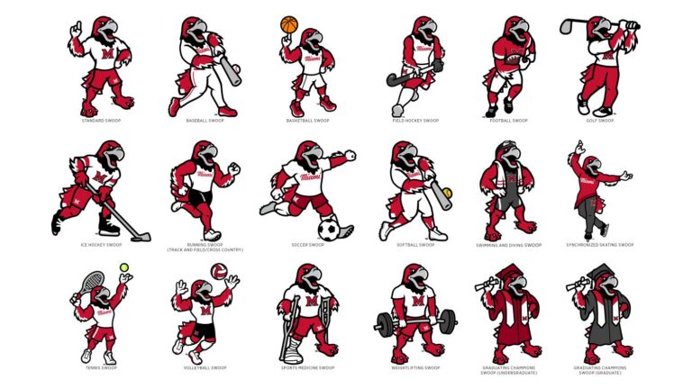 All current Swoop illustrations including Standard, Baseball, Basketball, Field Hockey, Football, Golf, Ice Hockey, Running (representing Track and Field/Cross Country), Soccer, Softball, Swimming and Diving, Synchronized Skating, Tennis, Volleyball, Sports Medicine, Weightlifting, and Graduating Champions with undergraduate and graduate regalia options.