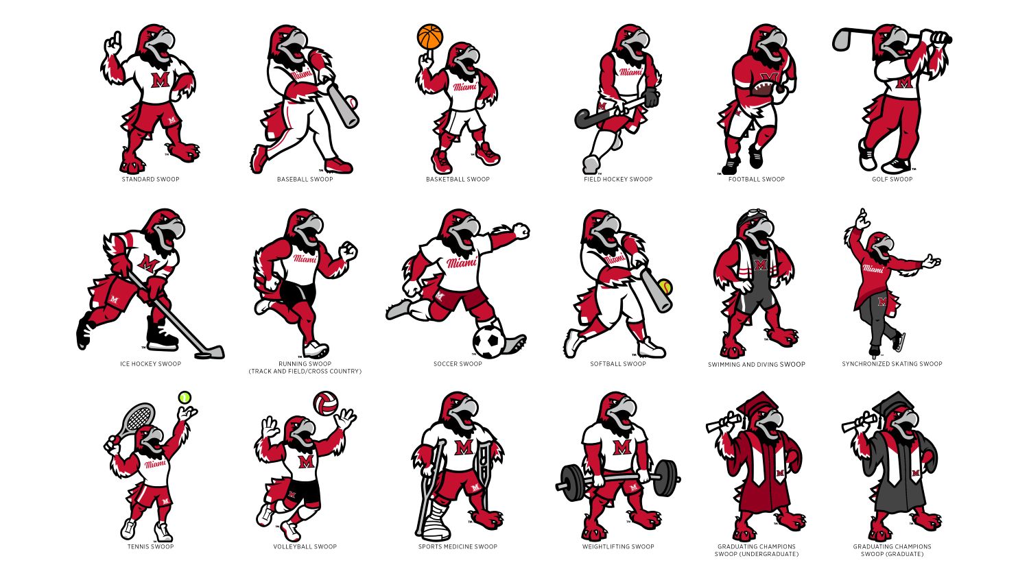 All current Swoop illustrations including Standard, Baseball, Basketball, Field Hockey, Football, Golf, Ice Hockey, Running (representing Track and Field/Cross Country), Soccer, Softball, Swimming and Diving, Synchronized Skating, Tennis, Volleyball, Sports Medicine, Weightlifting, and Graduating Champions with undergraduate and graduate regalia options.