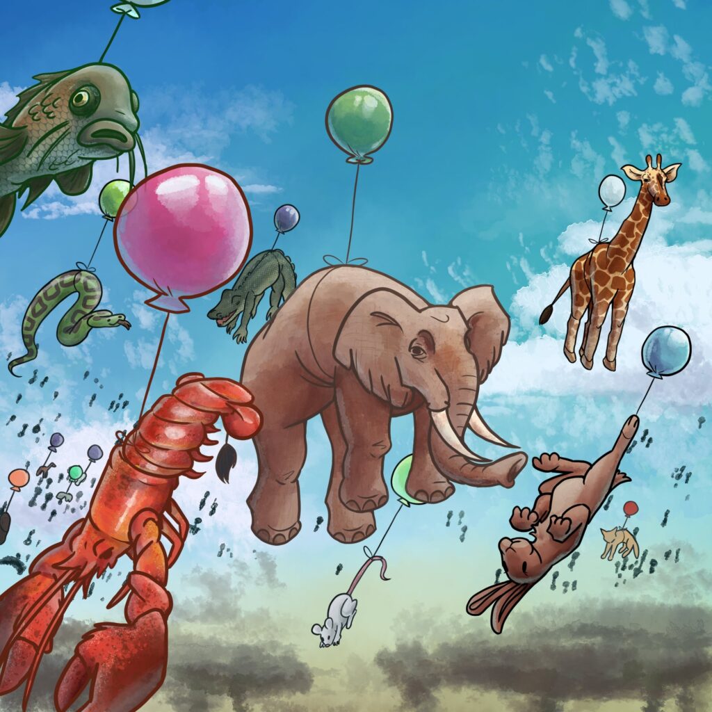 A fish, a lobster, a snake, an elephant, a mouse, a rabbit, a giraffe, a cat, and other indistinguishable animals in the distance float in the air all strapped with party balloons