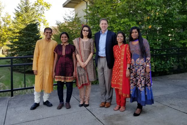 Priya, Chithra, Sree, Axhay, and Kelly with JP in front of Hoyt Hall