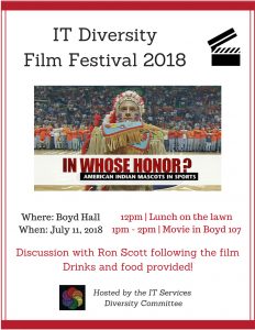 Diversity Film Festival 2018, Boyd Hall 107 12-2pm. Lunch on the lawn 12-1pm and movie In Whose Honor 1-2pm