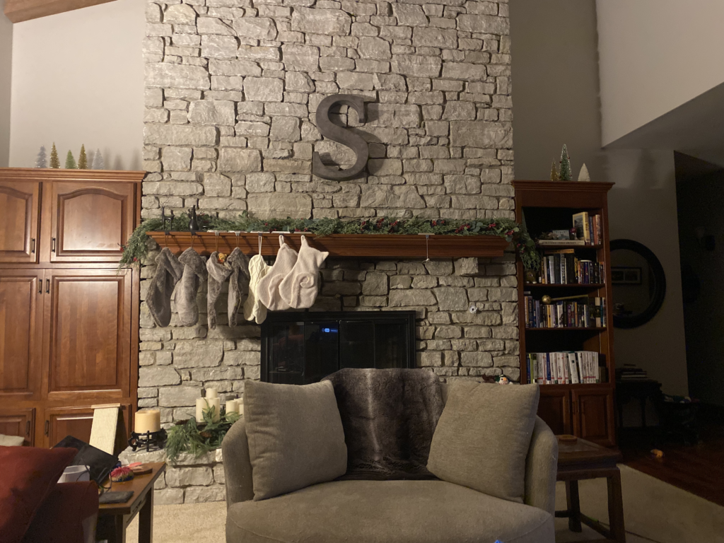 A mantel with several stockings (two of which are shaped like cats!) surrounded by books and comfortable furniture