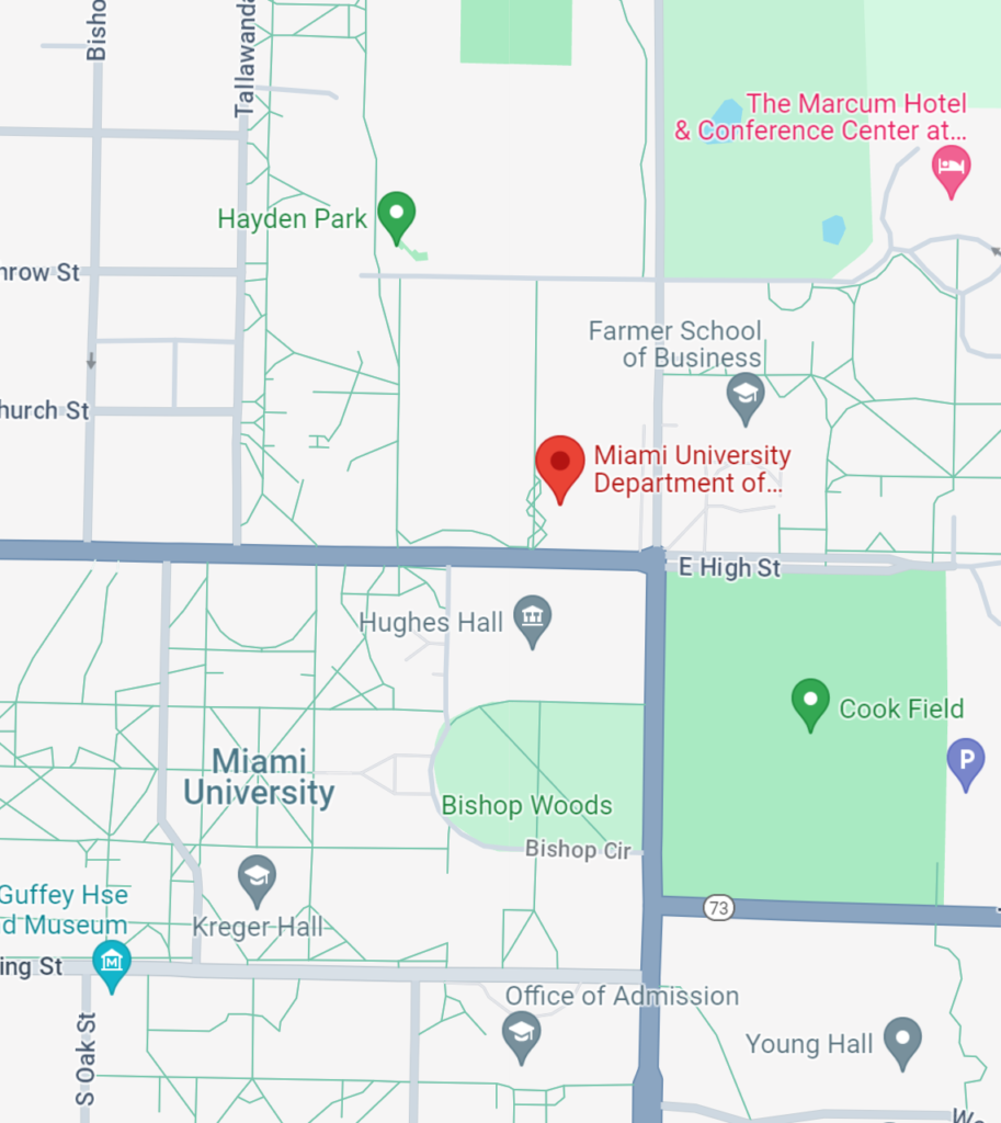 Google map screenshot showing location of Pearson Hall in Miami University's Campus