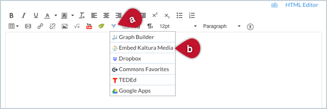 Screenshot showing how to find the Embed Kaltura Media option in Canvas's text editor menu