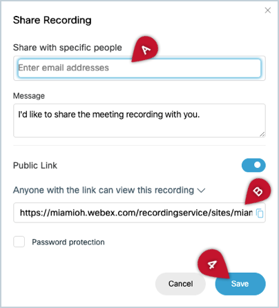 Screenshot showing options for sharing a Webex Meeting recording by email and by a link